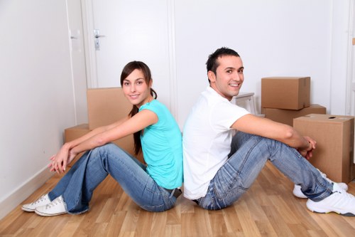 Furniture and boxes prepared for transport in a removal van